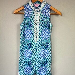 Sleeveless Blue & Teal Printed Shift Dress with White Trim